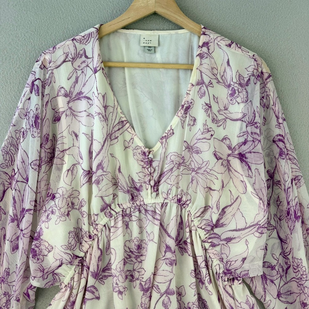 A New Day Floral Mini Dress Women XS Purple White Boho V-Neck Long Sleeve - Picture 2 of 12